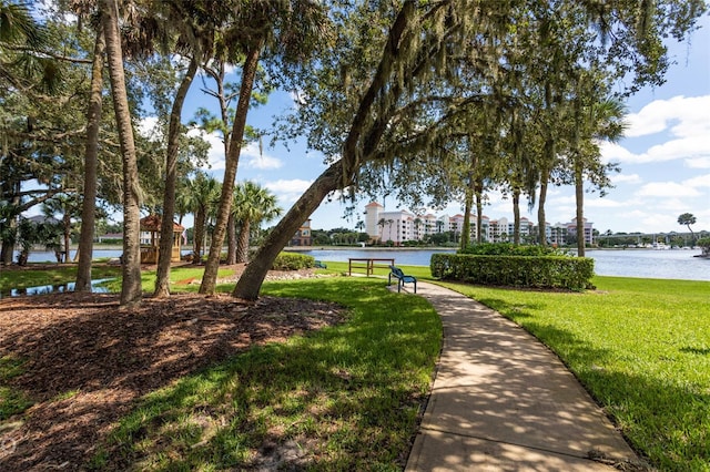 surrounding community featuring a water view and a yard