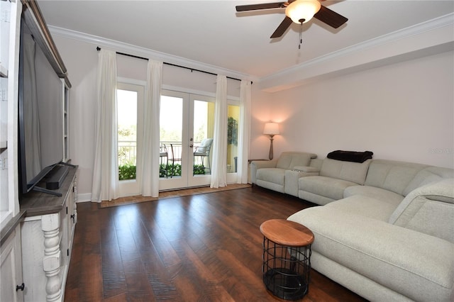 living room featuring french doors, crown molding, dark hardwood / wood-style flooring, and ceiling fan