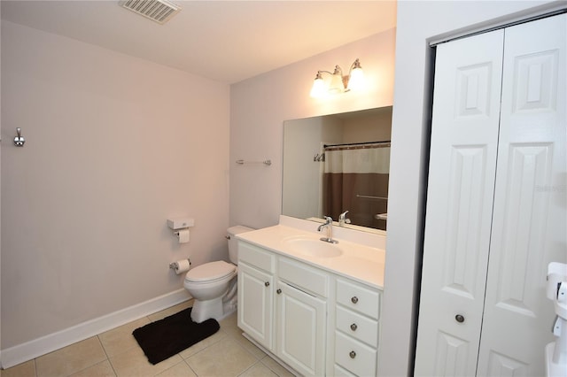 bathroom with toilet, tile flooring, and vanity