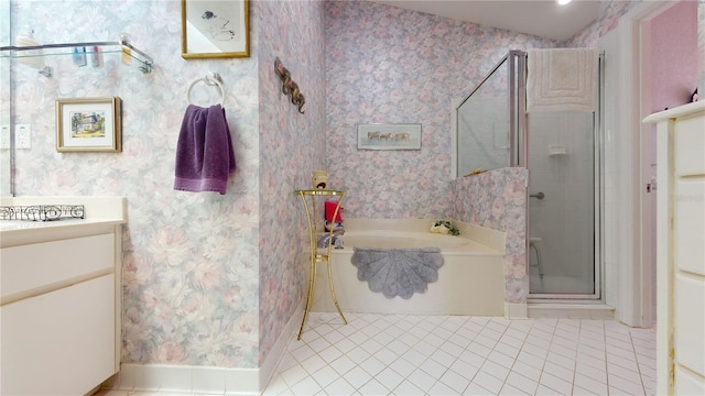 bathroom featuring tile flooring and shower with separate bathtub