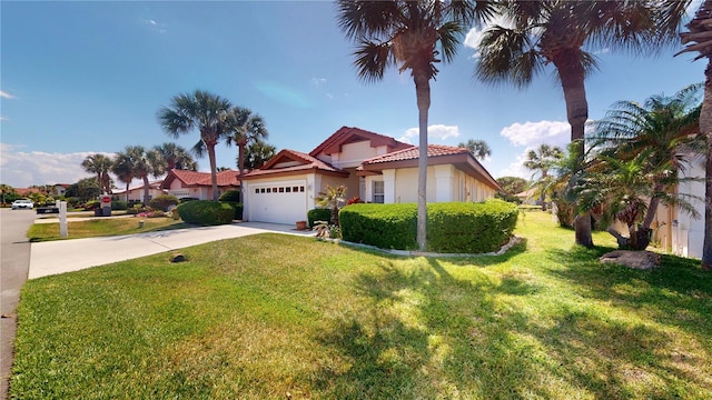 mediterranean / spanish house with a garage and a front yard