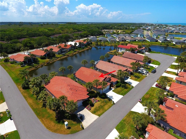 drone / aerial view featuring a water view