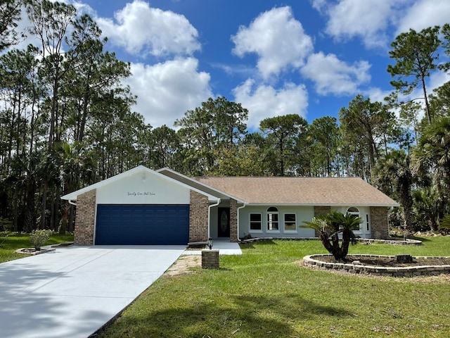 single story home featuring a garage and a front lawn