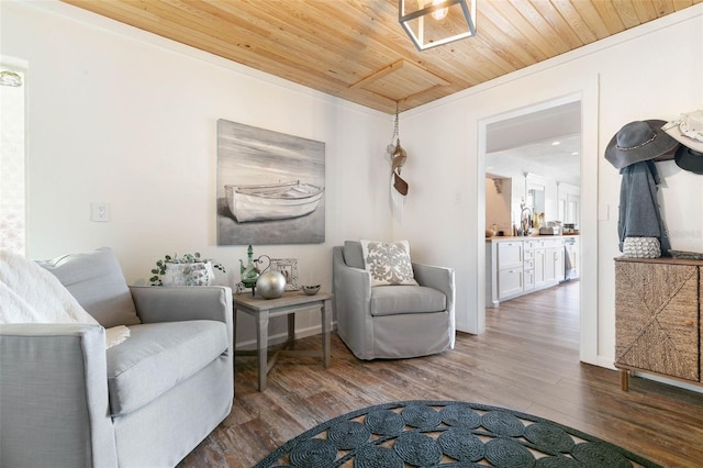 living room featuring dark hardwood / wood-style floors and wood ceiling