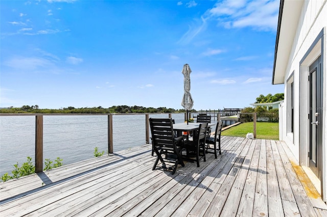 wooden terrace featuring a water view