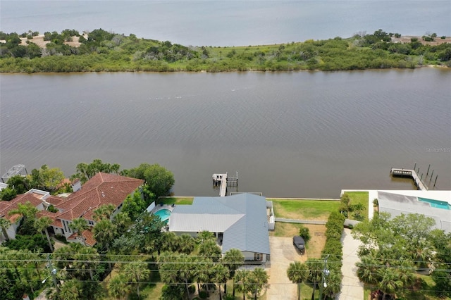 drone / aerial view featuring a water view