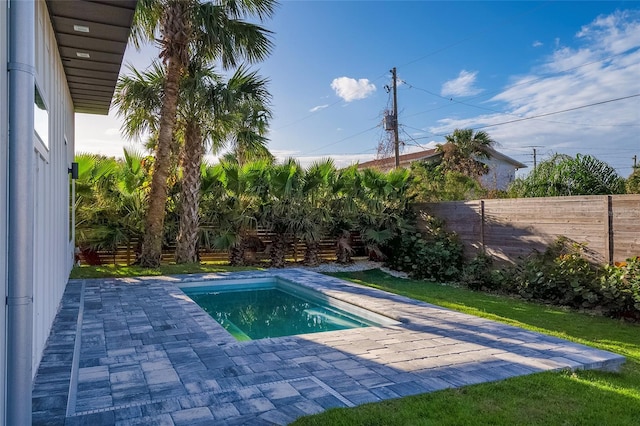 view of pool with a lawn and a patio