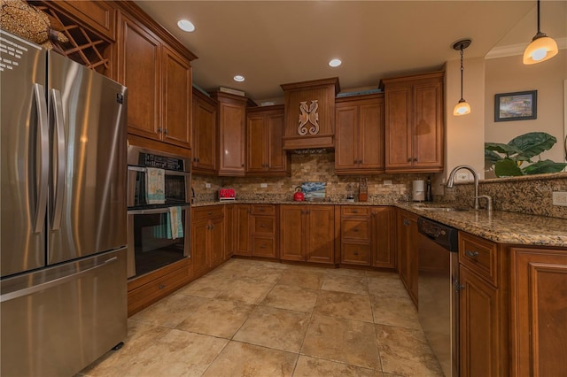 kitchen featuring sink, backsplash, light tile flooring, hanging light fixtures, and stainless steel appliances