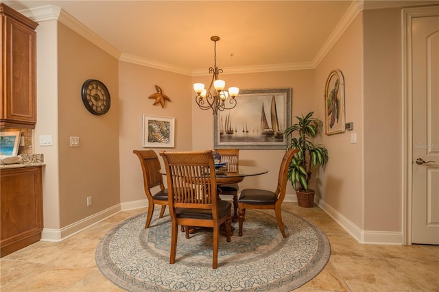 dining area with crown molding, light tile floors, and a notable chandelier