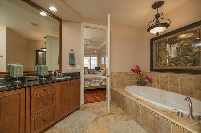 bathroom featuring tile flooring and dual bowl vanity