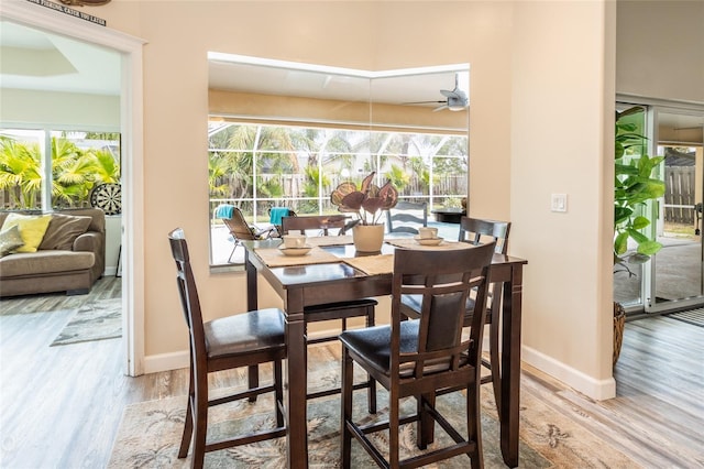 dining space featuring light hardwood / wood-style flooring, a wealth of natural light, and ceiling fan