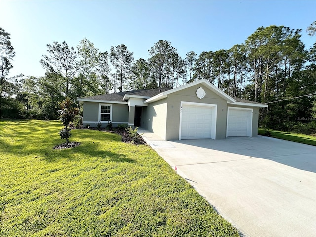 ranch-style house with a garage and a front lawn