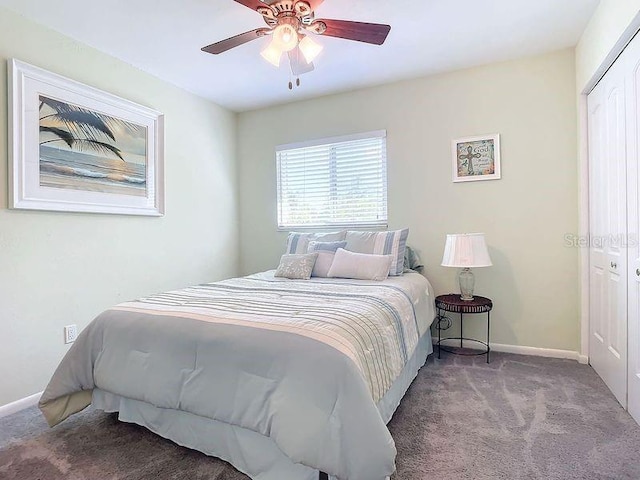 bedroom with ceiling fan, a closet, and carpet