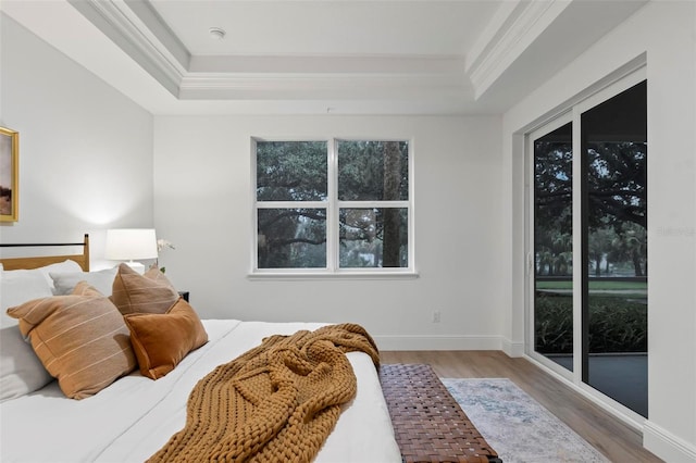 bedroom featuring light wood-type flooring, multiple windows, a tray ceiling, and access to exterior