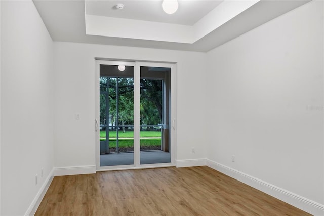 unfurnished room with light wood-type flooring and a tray ceiling