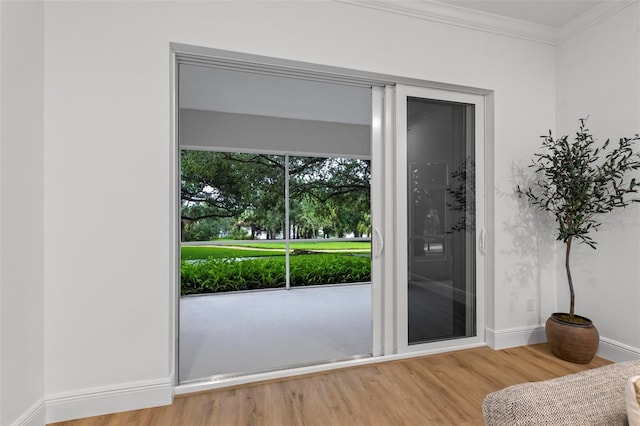 doorway featuring crown molding and light hardwood / wood-style floors