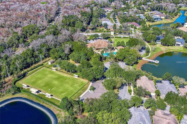 drone / aerial view with a water view