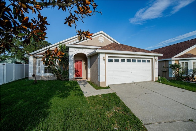 ranch-style house with a front lawn and a garage