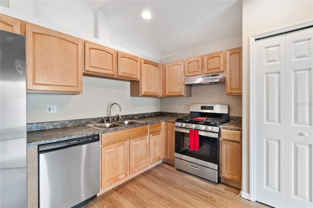 kitchen featuring light brown cabinets, light hardwood / wood-style flooring, stainless steel appliances, and sink