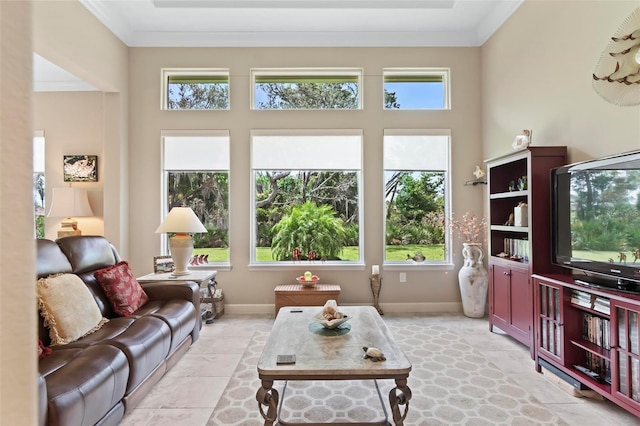 tiled living room with crown molding