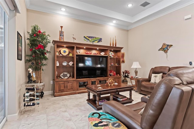 living room with crown molding