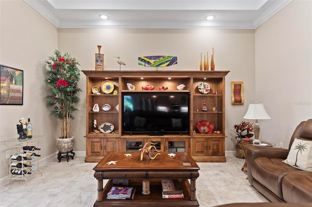 living room with ornamental molding