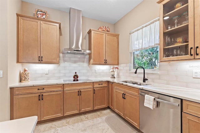 kitchen with sink, dishwasher, black electric stovetop, decorative backsplash, and wall chimney exhaust hood