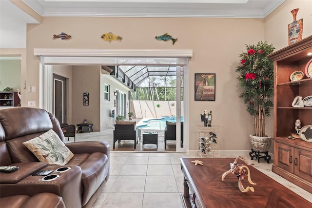 tiled living room with crown molding