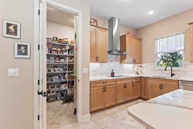 kitchen featuring sink, decorative backsplash, stainless steel dishwasher, black electric cooktop, and wall chimney exhaust hood