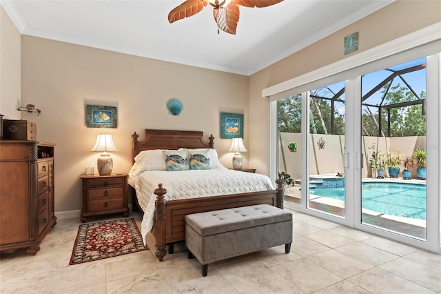 bedroom featuring ornamental molding, access to exterior, and ceiling fan