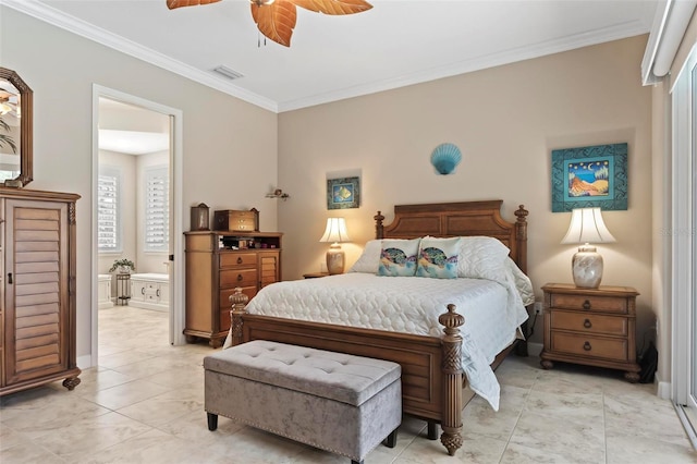 bedroom with crown molding, ceiling fan, and ensuite bath