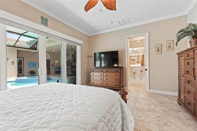 bedroom featuring ornamental molding, connected bathroom, access to outside, and ceiling fan