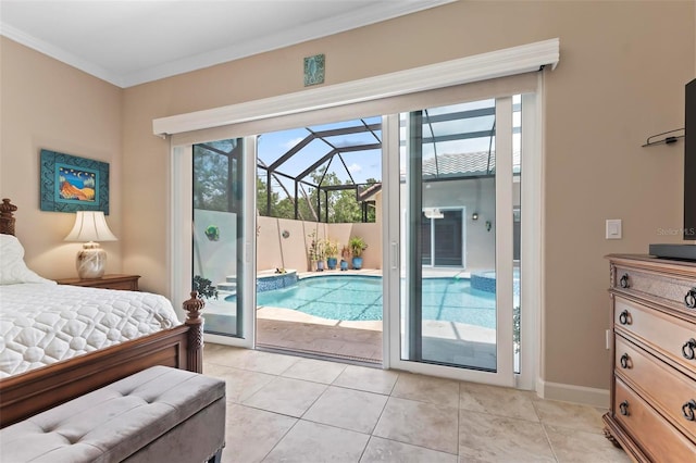 tiled bedroom with ornamental molding and access to outside