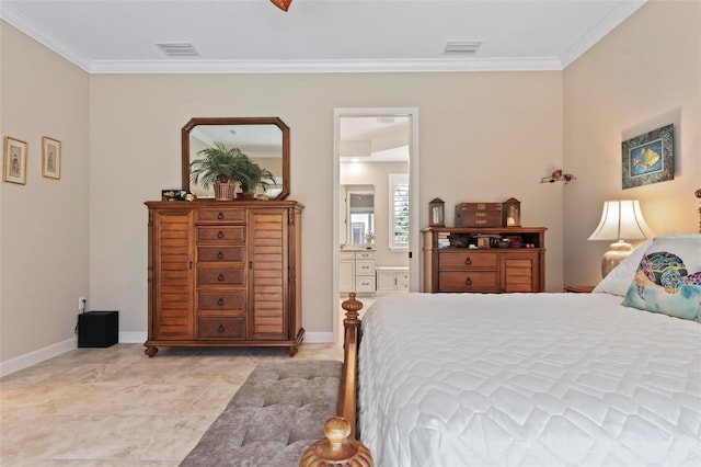 bedroom featuring connected bathroom and crown molding