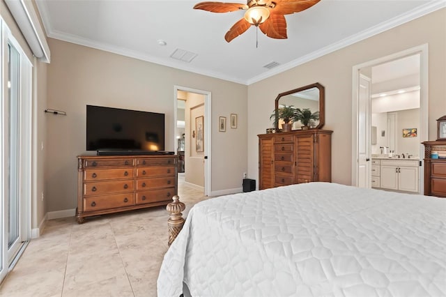 bedroom with ornamental molding, ceiling fan, and ensuite bath