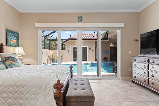 bedroom with light tile patterned floors, access to outside, and ornamental molding