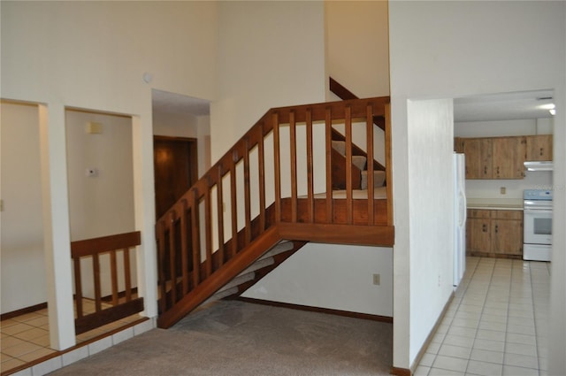 stairway with a towering ceiling and light carpet