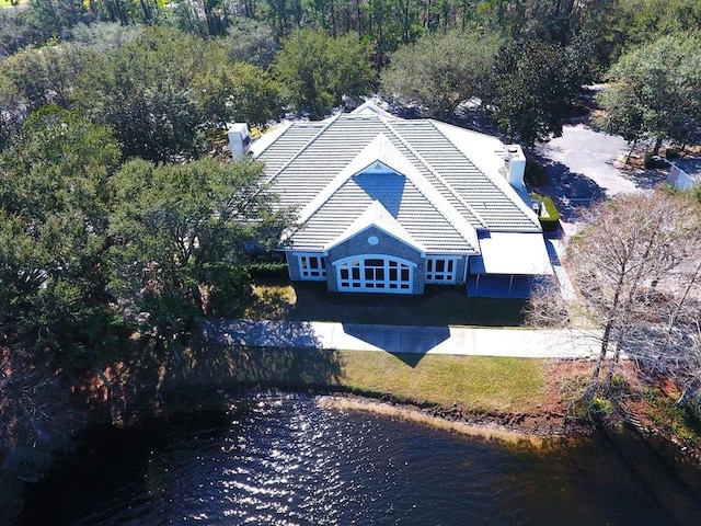 drone / aerial view featuring a water view