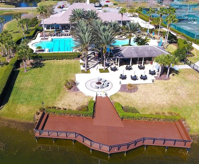 birds eye view of property featuring a water view