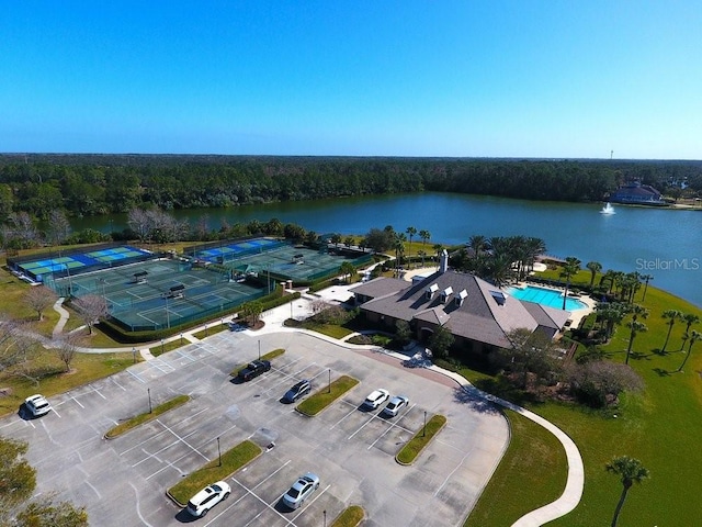 drone / aerial view with a water view