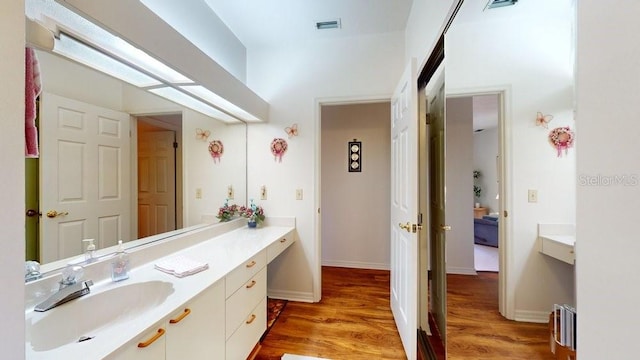 bathroom with hardwood / wood-style floors and large vanity