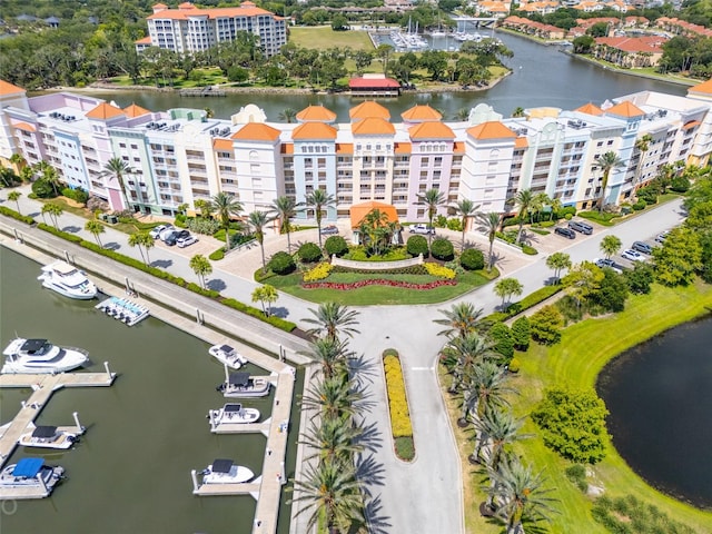 bird's eye view with a water view