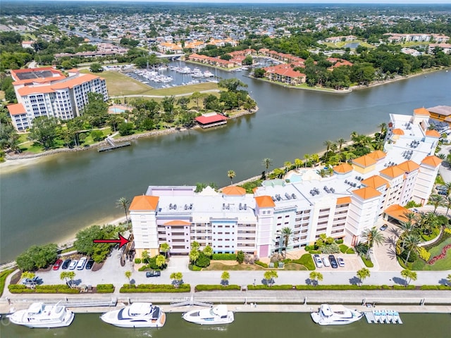 aerial view featuring a water view