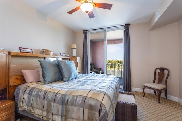 carpeted bedroom featuring ceiling fan and access to outside