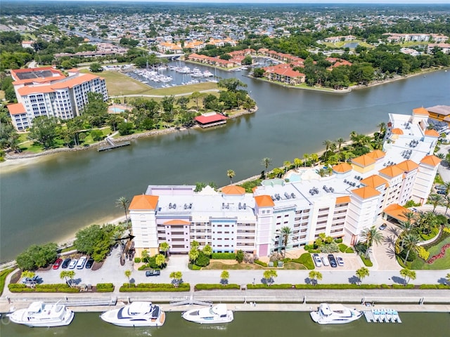 bird's eye view with a water view