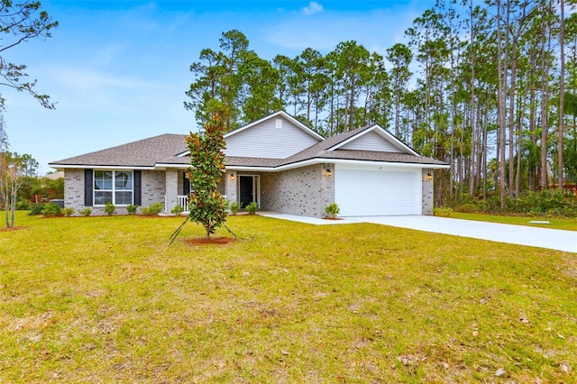 ranch-style home featuring a garage and a front lawn