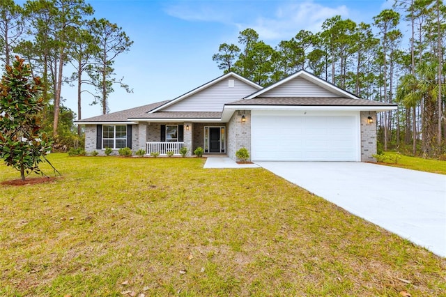 ranch-style home featuring a garage, a front yard, and a porch