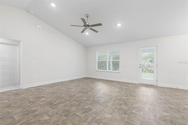 unfurnished room with high vaulted ceiling and ceiling fan