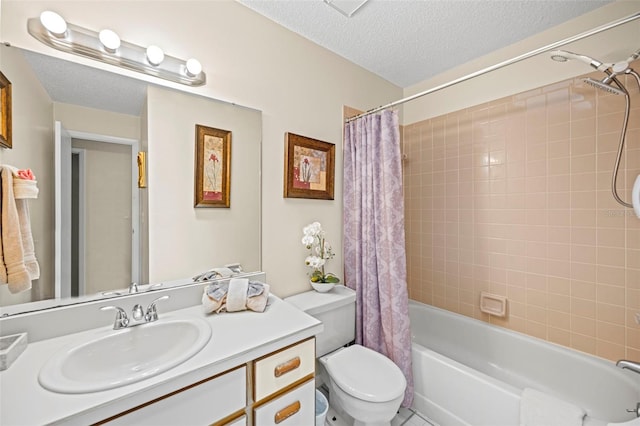 full bathroom with a textured ceiling, vanity, toilet, and shower / bathtub combination with curtain