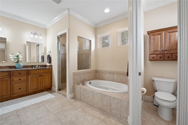 full bathroom featuring vanity, toilet, tile floors, and crown molding